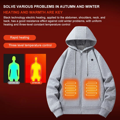 Gray heated hoodie with heating elements on a red background with text about its features.